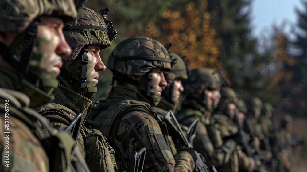 Line of soldiers in camouflage gear standing at attention. Line of soldiers in camouflage gear standing at attention.