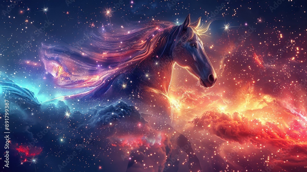 Fototapeta premium Horse with a backdrop of pop art stars celestial