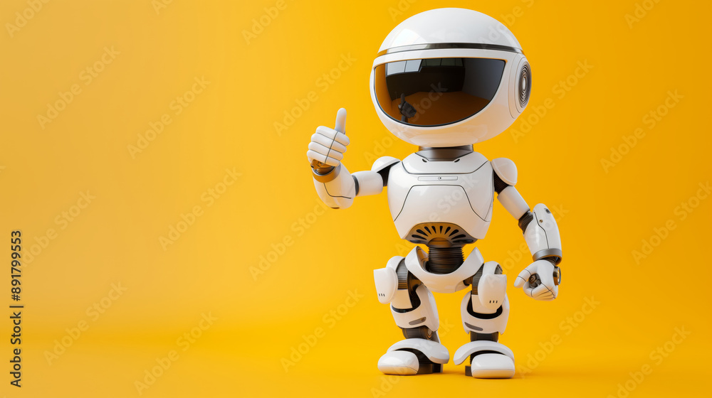 Futuristic white robot gesturing thumbs up over yellow studio background with copy space, approving offer and new AI technologies Futuristic white robot gesturing thumbs up over yellow studio background with copy space, approving offer and new AI technologies