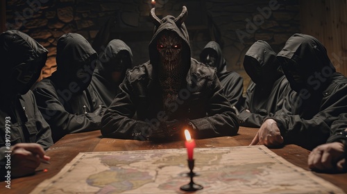 Group of people gathered around a table over a world map. A shadow government is plotting to conspire and seize power. The scene is tense and serious. Illustration for varied design.