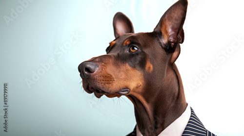 Doberman portrait against a light blue backdrop, appearing poised and solemn, accented with a formal collar