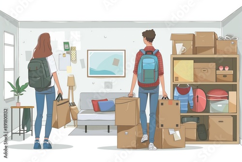 Simple minimal illustrate style of Moving into Dorm Room: A student and their parent moving boxes into a dorm room, unpacking and organizing belongings, ample copy space on a clear white background