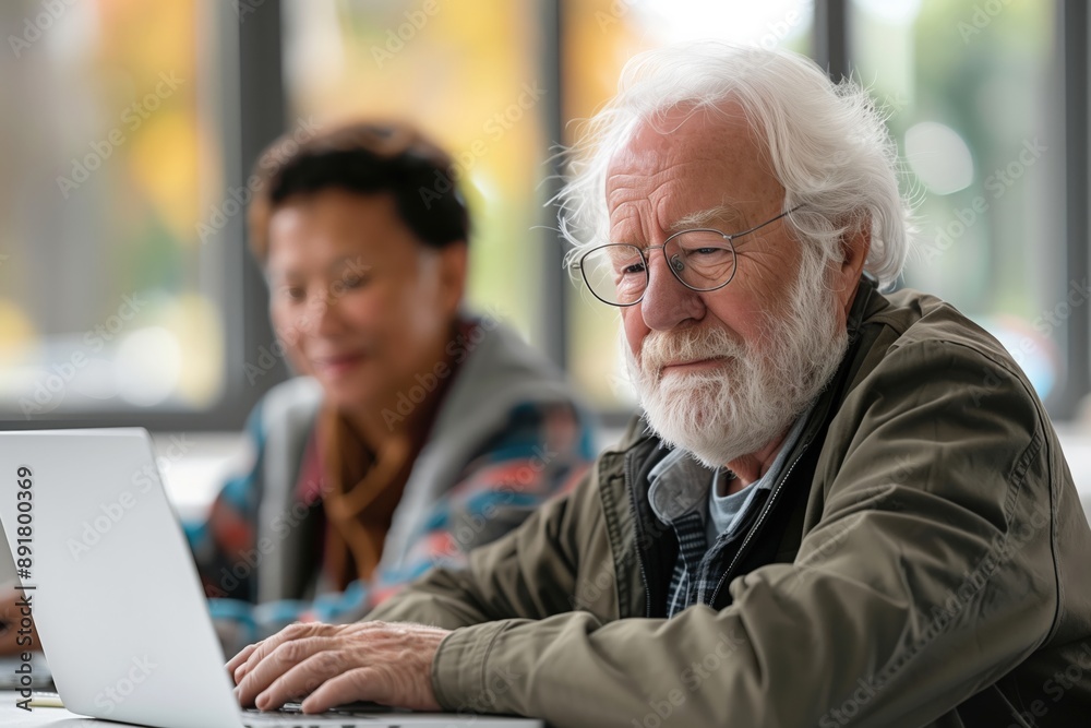 Simple minimal illustrate style of Technology Class for Seniors: Seniors in a technology class, learning how to use laptops and tablets with the instructor's guidance, ample copy space on a clear Simple minimal illustrate style of Technology Class for Seniors: Seniors in a technology class, learning how to use laptops and tablets with the instructor's guidance, ample copy space on a clear