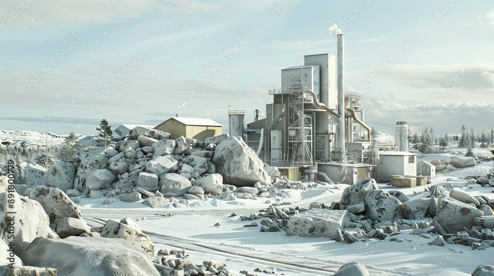Fototapeta premium Industrial site with a large industrial building in the background and piles of rocks. Concrete, cement, gravel plant or stone crusher. Illustration for banner, poster, cover, brochure or presentation