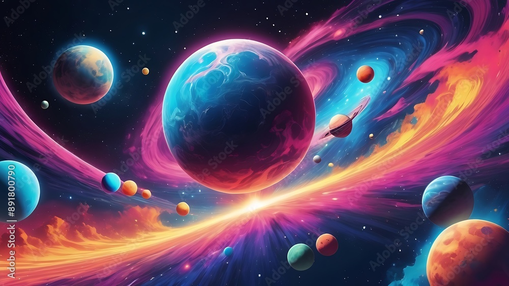 Vibrant cosmic scene with planets, stars, rings, and nebulas. Perfect for spacethemed designs, astronomy publications, or futuristic concepts. Vibrant cosmic scene with planets, stars, rings, and nebulas. Perfect for spacethemed designs, astronomy publications, or futuristic concepts.