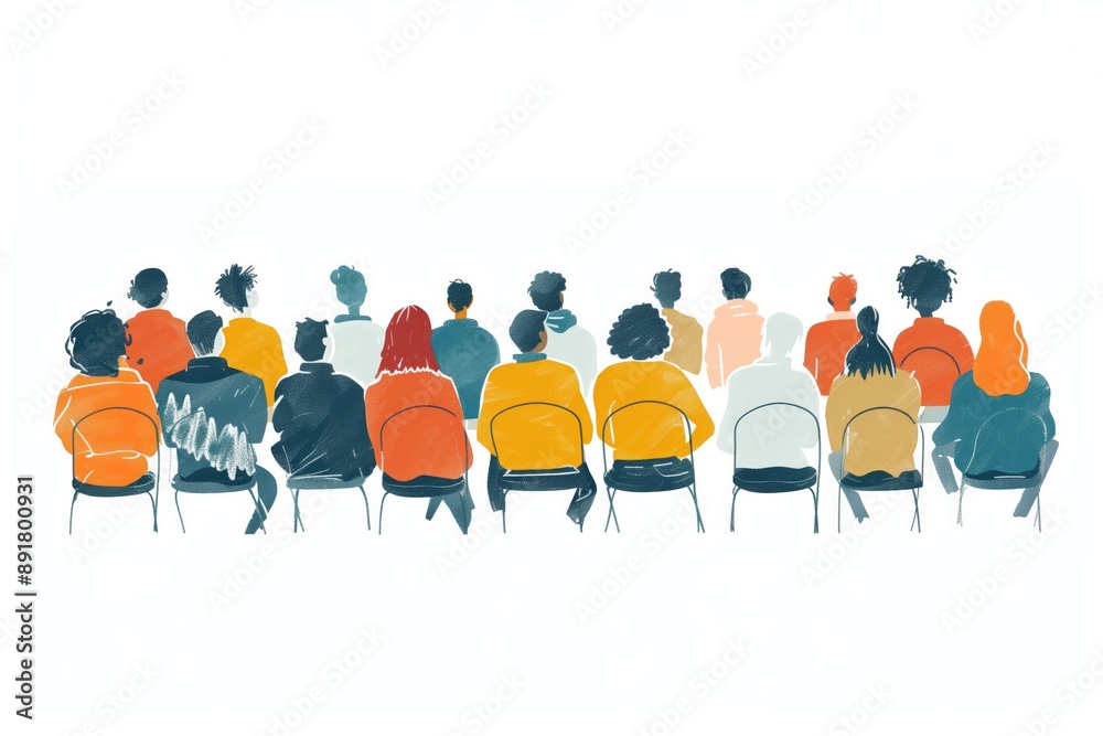 Simple minimal illustrate style of History Lecture at Community Center: Adults attending a history lecture at a community center, listening and taking notes, ample copy space on a clear white Simple minimal illustrate style of History Lecture at Community Center: Adults attending a history lecture at a community center, listening and taking notes, ample copy space on a clear white
