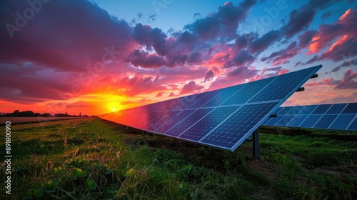 Fototapeta Naklejka Na Ścianę i Meble -  Innovative solar power farm at sunset the panels