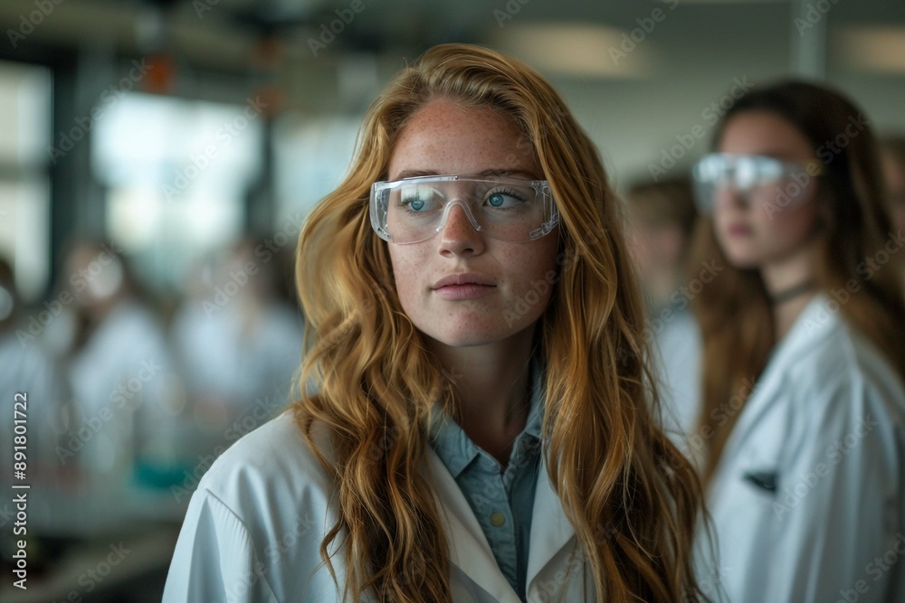 Confident Girl in Science Lab Wearing Safety Goggles Confident Girl in Science Lab Wearing Safety Goggles