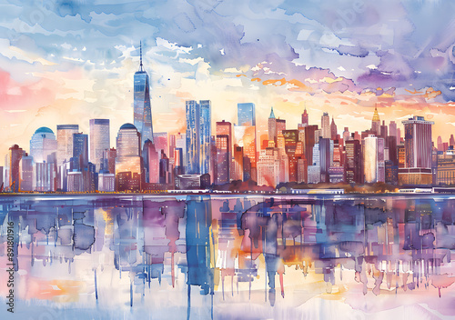 New York City Sunset Skyline Watercolor