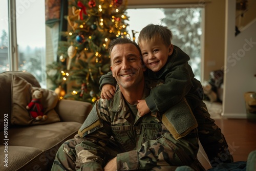 Happy Military Family in Festive Living Room with Christmas Tree