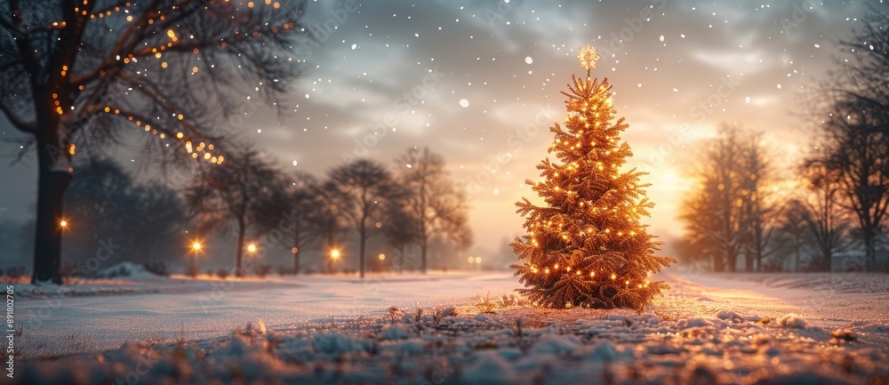 Christmas Tree with Lights in Winter Landscape at Night, Christmas Background with Copy Space for Text, Banner Design, New Year Concept
Christmas Tree with Lights in Winter Landscape at Night, Christmas Background with Copy Space for Text, Banner Design, New Year Concept