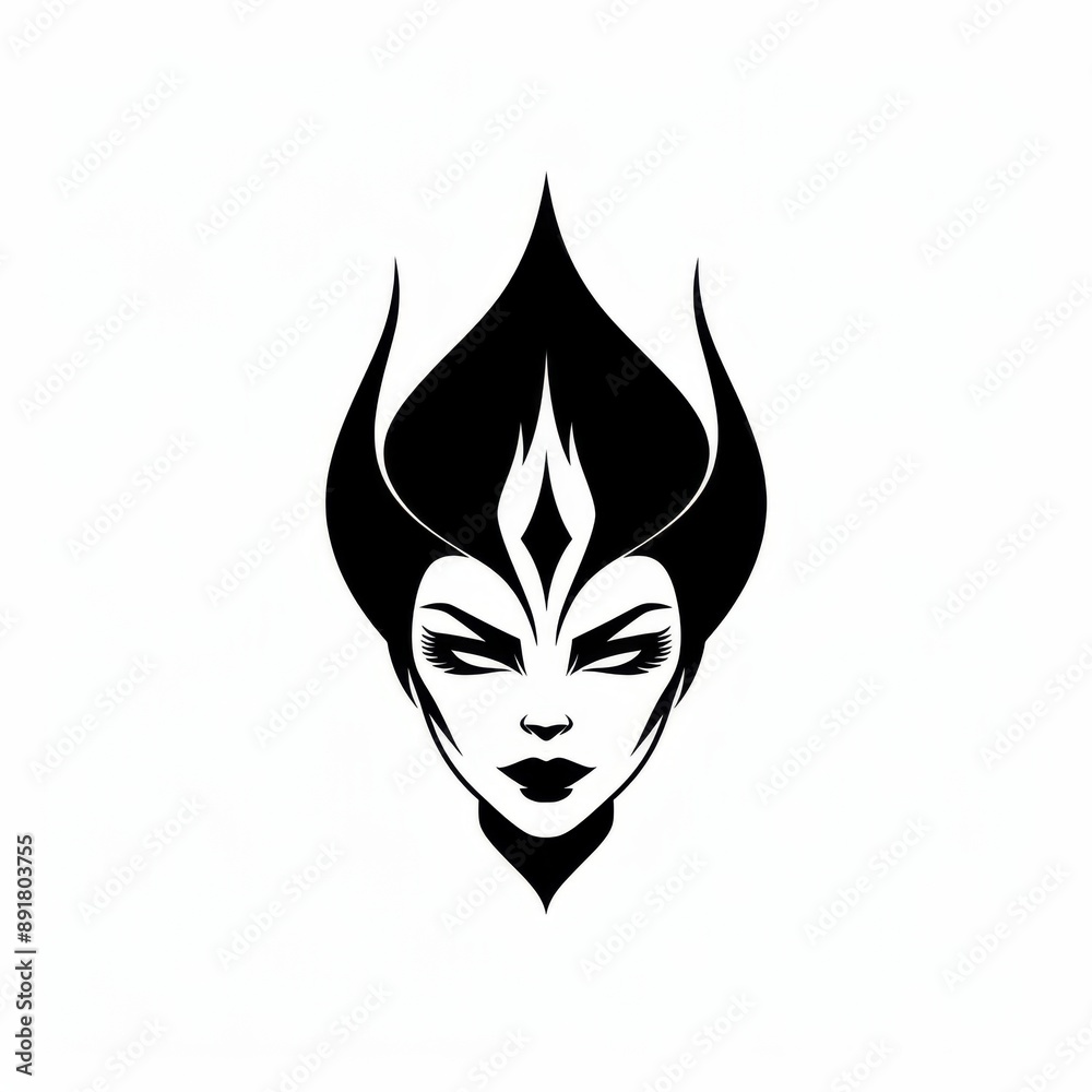 Black and White Iconic Villain Woman with Spiked Headdress on White Background. Black and White Iconic Villain Woman with Spiked Headdress on White Background.
