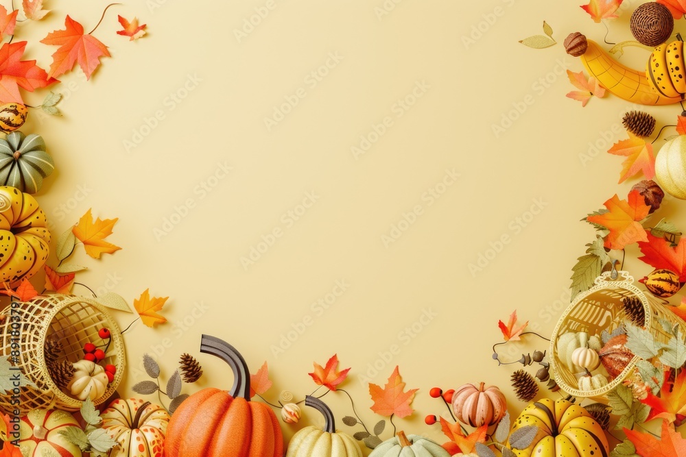 Fototapeta premium Autumn Harvest Holiday Design - Pumpkins, Basket, Leaves | Perfect for Fall Seasonal Cards, Posters, and Prints