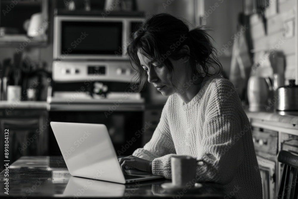 Fototapeta premium Woman Focused on Laptop at Kitchen Table