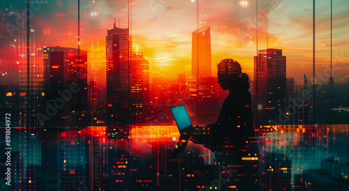 Silhouette of business woman sits at the table in office and working laptop while end of day, and sunset above the downtown.