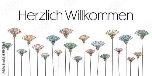 Herzlich Willkommen - Schriftzug in deutscher Sprache. Banner mit einer modernen Illustration abstrakter Blumen in Pastellfarben.