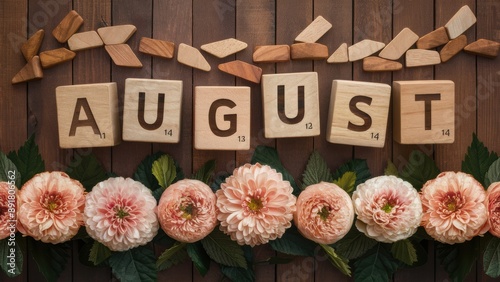 A wooden letters spelling the word august are surrounded by flowers, AI