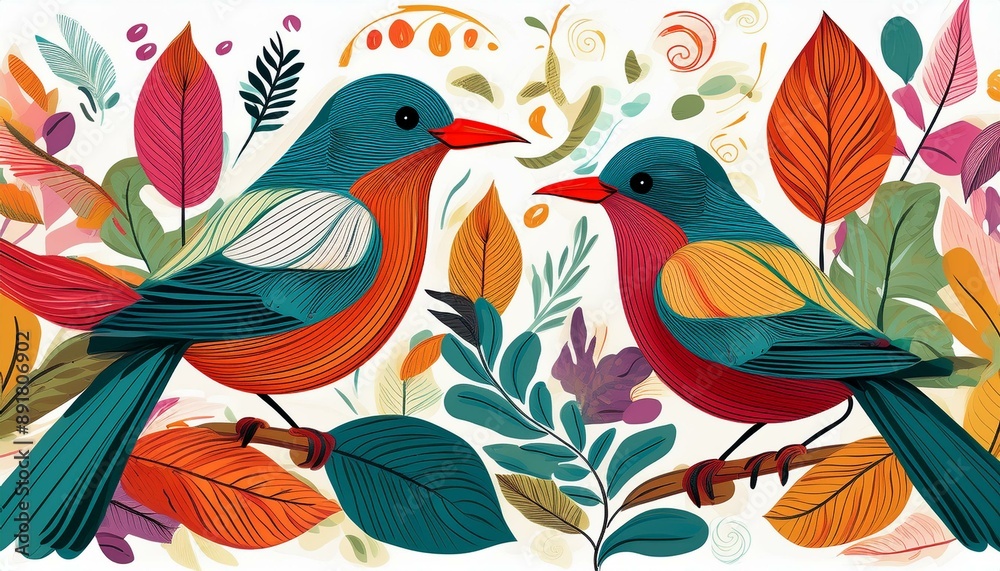 A colorful and vibrant pattern featuring stylized birds and foliage on a white background for a refreshing summer vibe A colorful and vibrant pattern featuring stylized birds and foliage on a white background for a refreshing summer vibe