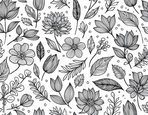 Black and white detailed botanical seamless pattern. Hand drawn flowers and leaves on white background.