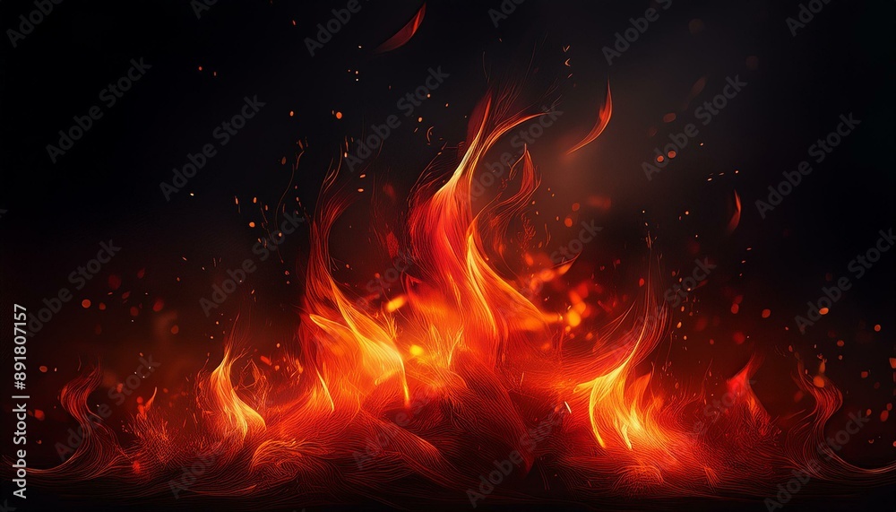 Fire with particles on black background, red fire, fire in the night, Fire flames on black background Fire with particles on black background, red fire, fire in the night, Fire flames on black background