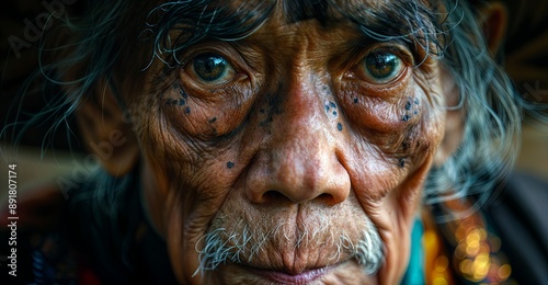 A close-up portrait of an older man with a mustache. He has wrinkled skin, age spots and dark eyes.