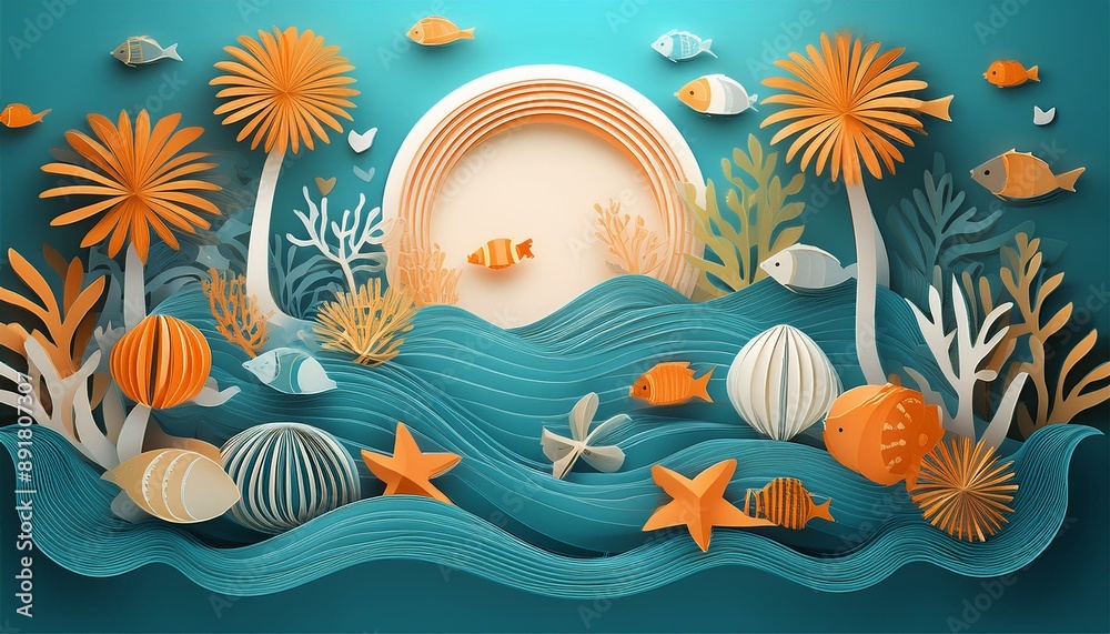 marine life in the sea, Dive into the sunny vibes of summer with a captivating banner design in a charming paper cut style marine life in the sea, Dive into the sunny vibes of summer with a captivating banner design in a charming paper cut style