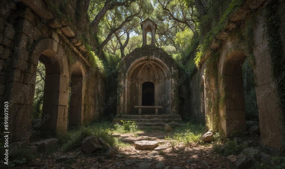 Ancient stone building ruins surrounded by thick forest. Ancient stone building ruins surrounded by thick forest.