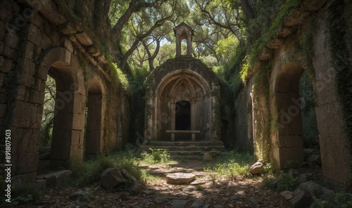 Ancient stone building ruins surrounded by thick forest.