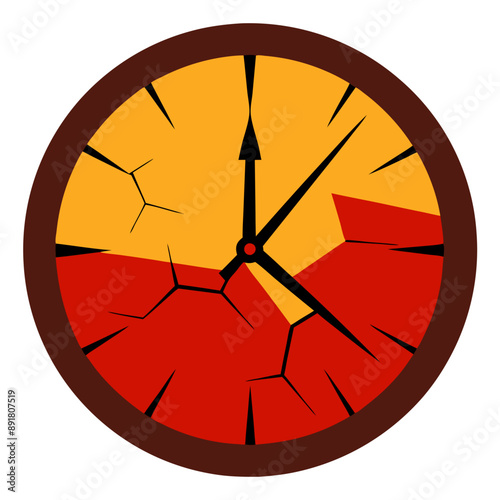 clock face cracked and adorned with shades of red and orange