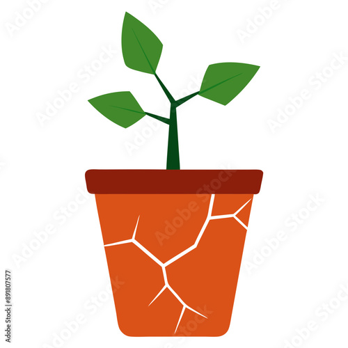 vector green seedling, plant in broken weathered cracked terracotta pot