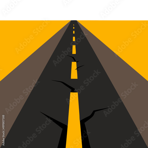Cracked road surface, tarmac, asphalt, with yellow center lines leading into distance
