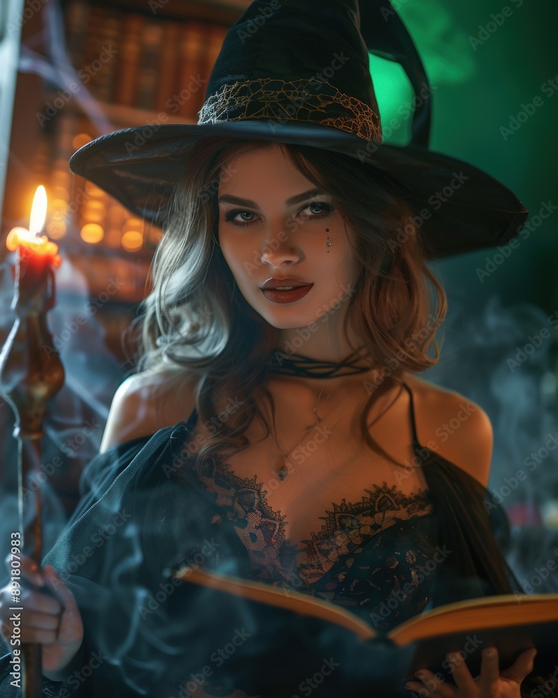 A beautiful woman with a seductive smile, wearing a sexy witch costume, holding a Sorcerer's Staff and magic spell book in a Sorcerer House. A beautiful woman with a seductive smile, wearing a sexy witch costume, holding a Sorcerer's Staff and magic spell book in a Sorcerer House.