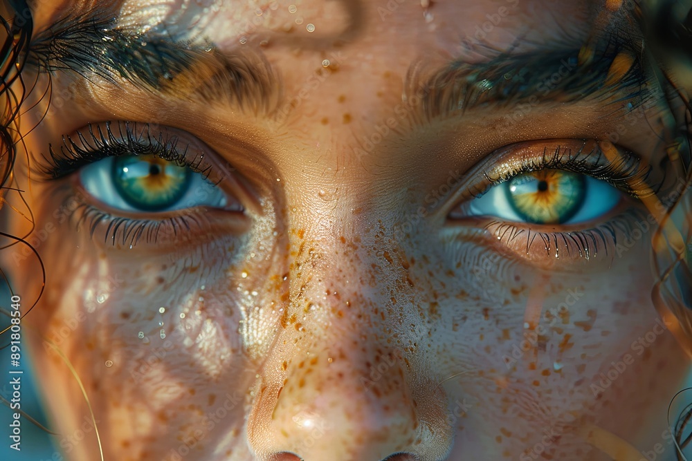 Close-Up Portrait of a Woman With Blue Eyes and Freckles Close-Up Portrait of a Woman With Blue Eyes and Freckles
