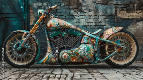 Custom motorcycle with artistic paintwork photo