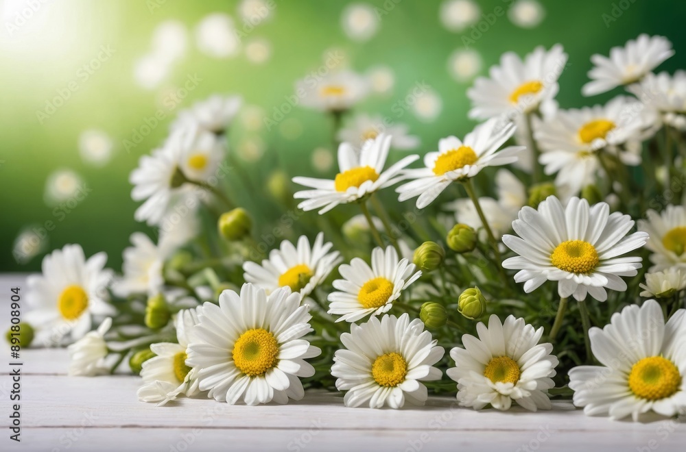 Obraz premium Close-up bouquet of white daisies with yellow centers arranged on white wooden table