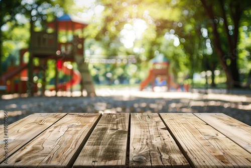 Sunlit wooden table in a park setting, useful for promotional content for parks, outdoor events, or picnic products, featuring ample copy space. High quality illustration