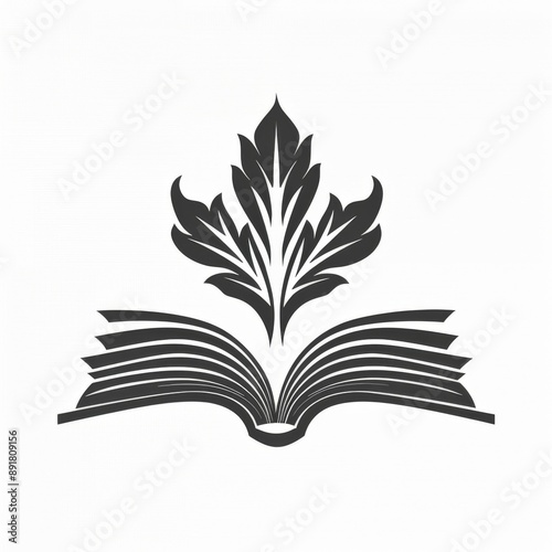 Black and White Abstract Book with Leaf Flame Symbol Design for Education and Literacy.