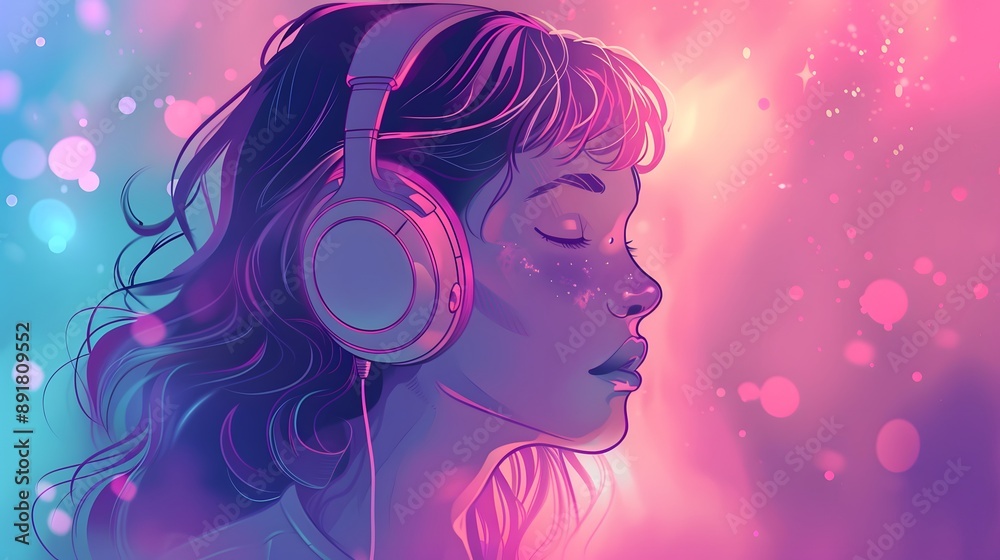 A digital illustration of a girl with headphones, set against a vibrant, neon gradient background. The colors blend between pink and blue, creating a dyA digital illustratnamic, futuristic atmosphere. A digital illustration of a girl with headphones, set against a vibrant, neon gradient background. The colors blend between pink and blue, creating a dyA digital illustratnamic, futuristic atmosphere.