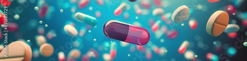 A pill cloud with many different colored pills floating in the air. The pill cloud is a representation of the many different types of medication that are available to people photo