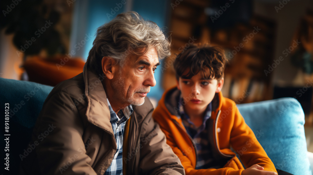 Father and son having a difficult conversation, parent and child relationship, mental health awareness, copy space Father and son having a difficult conversation, parent and child relationship, mental health awareness, copy space