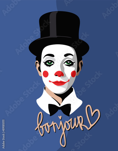 French mime face. Vector illustration with lettering