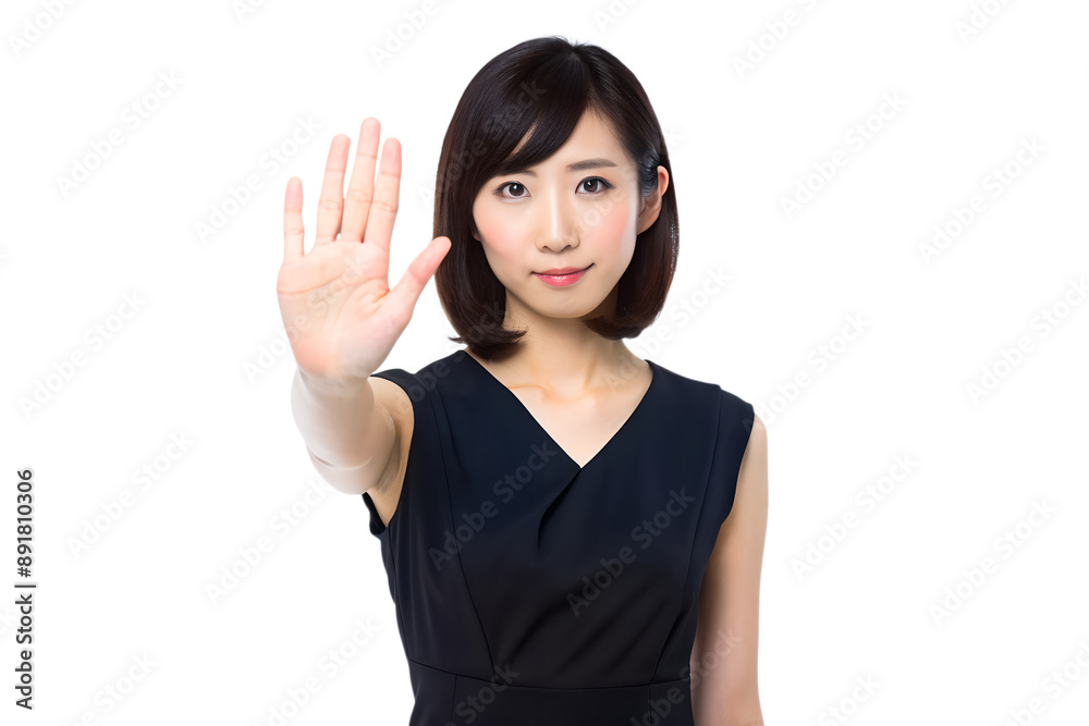 A sophisticated Japanese girl in a sleek black dress gracefully raises her hand in a gentle yet firm stop gesture, transparent background A sophisticated Japanese girl in a sleek black dress gracefully raises her hand in a gentle yet firm stop gesture, transparent background