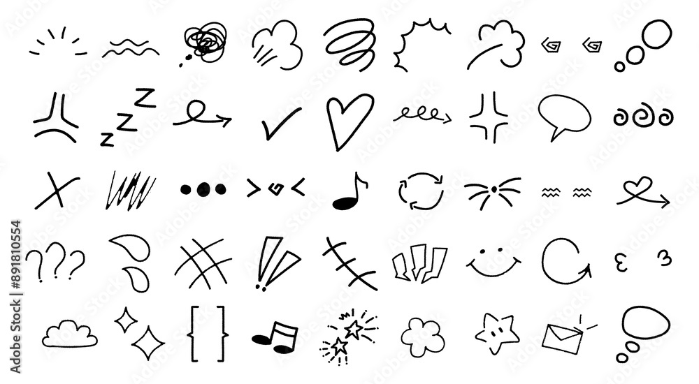 Hand-drawn manga comic expression doodle sketch. Cute elements in scribble style. Vector set Hand-drawn manga comic expression doodle sketch. Cute elements in scribble style. Vector set