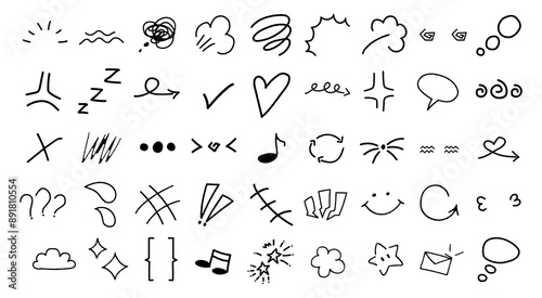 Hand-drawn manga comic expression doodle sketch. Cute elements in scribble style. Vector set 