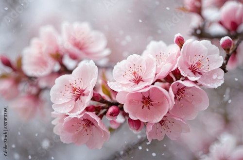 Delicate pink cherry blossoms covered in light snowfall