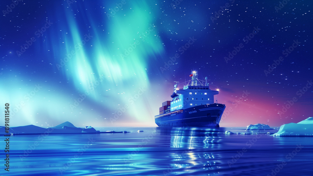 Obraz premium Arctic Aurora: Container Ship at Night