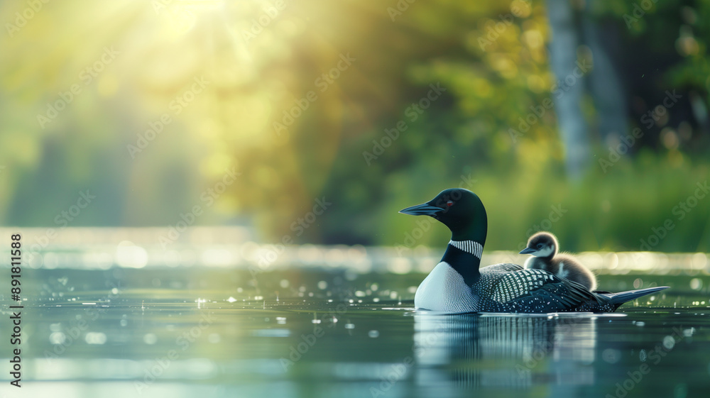 Obraz premium Loon Family Sunset Swim: A mother loon and her chick glide through calm waters, bathed in the golden glow of a summer sunset. The serene scene evokes tranquility and the beauty of nature's bond.