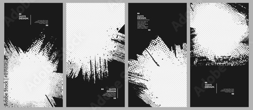 Vector illustration. Abstract black vertical overlay set. Ink brush strokes design for web template, social media, cover overlay, website banner. Paint splatter and halftone dots texture background