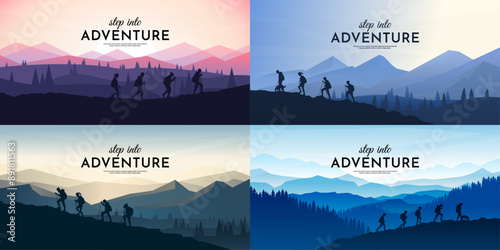 Vector illustration. Travel concept of discovering, exploring and observing nature. Group  of tourists have hiking trip. Travelers with backpack and travel walking sticks. Website template landscape photo