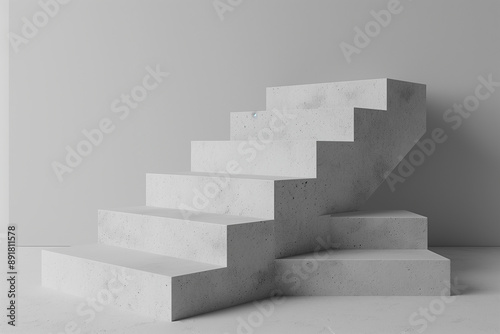  of a collection of 3D simple primitive minimalist stairs, each distinctly positioned on a neutral grey background